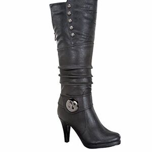 TOP Moda Black Knee-High Faux Leather Women’s Boots w/ Studs & Decorative Buckle